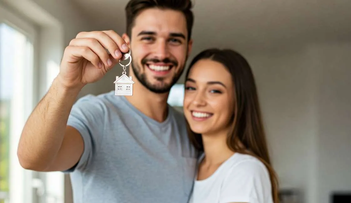 Casal segurando a chave do novo imóvel